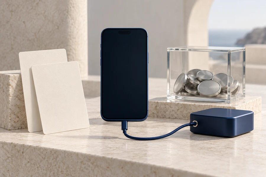 A blank-screen phone beside two blank cards, a glass box of silver discs and a navy terminal connected by a blue cable.