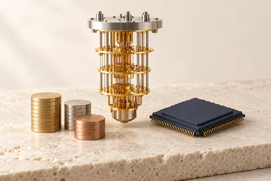 Una maqueta de criostato de latón y plata junto a un chip azul marino y tres pilas de discos metálicos lisos.