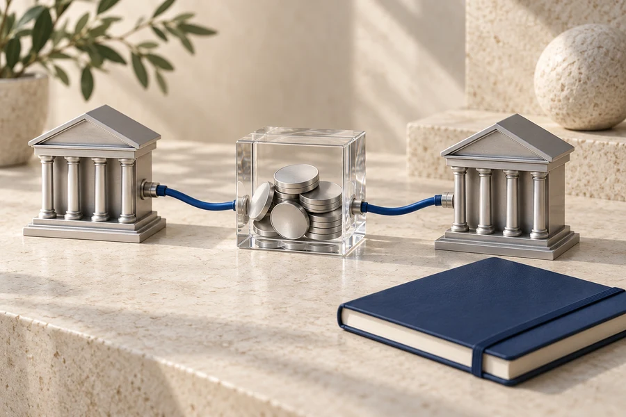 Two silver bank models linked by blue cables to a glass cube of silver discs, beside a navy notebook.
