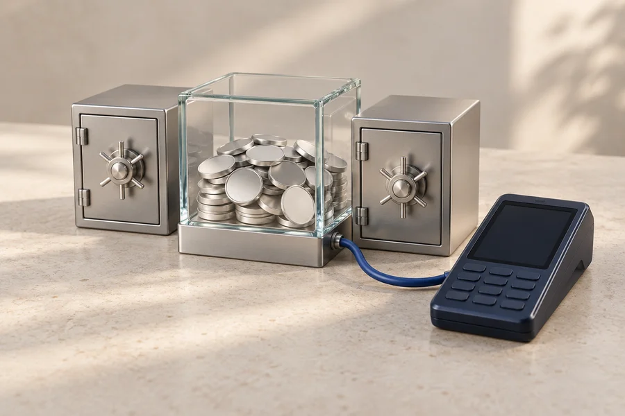 Two silver vaults beside a glass box of plain silver discs, linked by a blue cable to a navy payment terminal.