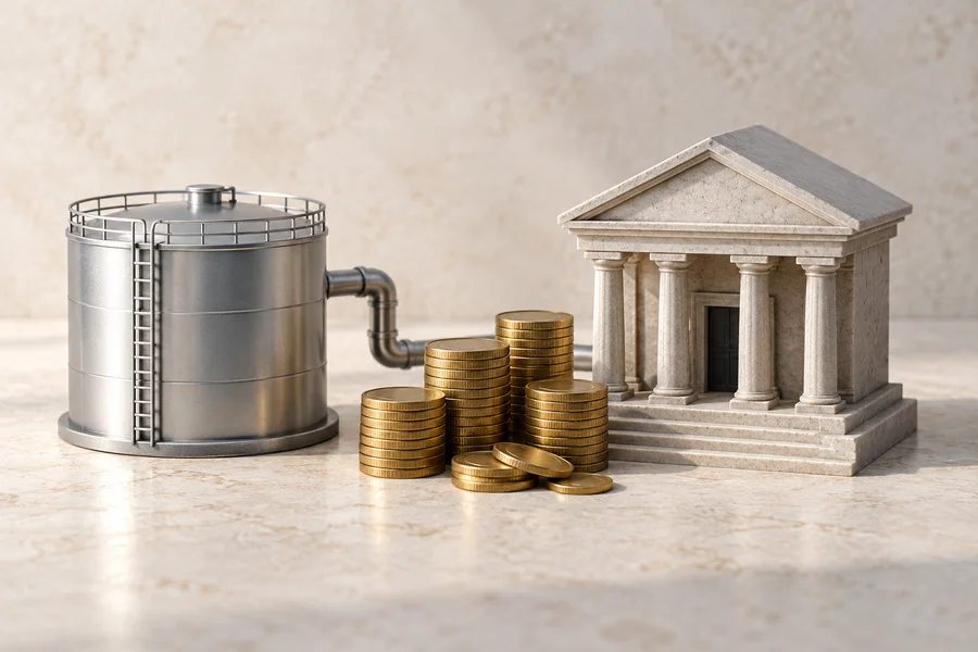 A silver storage tank, a pale classical bank model and stacks of plain brass coins on a stone surface.