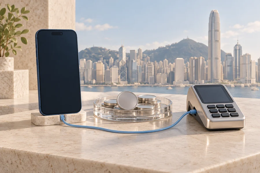A navy smartphone linked to a silver payment terminal by a blue cable, beside silver discs in a glass tray and a harbour skyline.