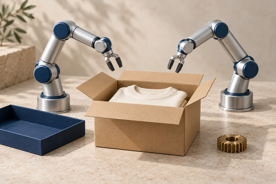 Two silver robot arms with blue joints above a box holding a cream sweater, beside a navy tray and brass gear.