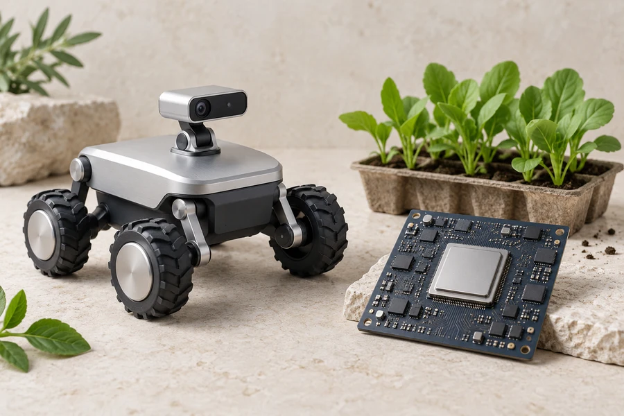 Een zilverkleurig robotmodel op wielen naast een printplaat met een zilverkleurige chip en een bak groene zaailingen.