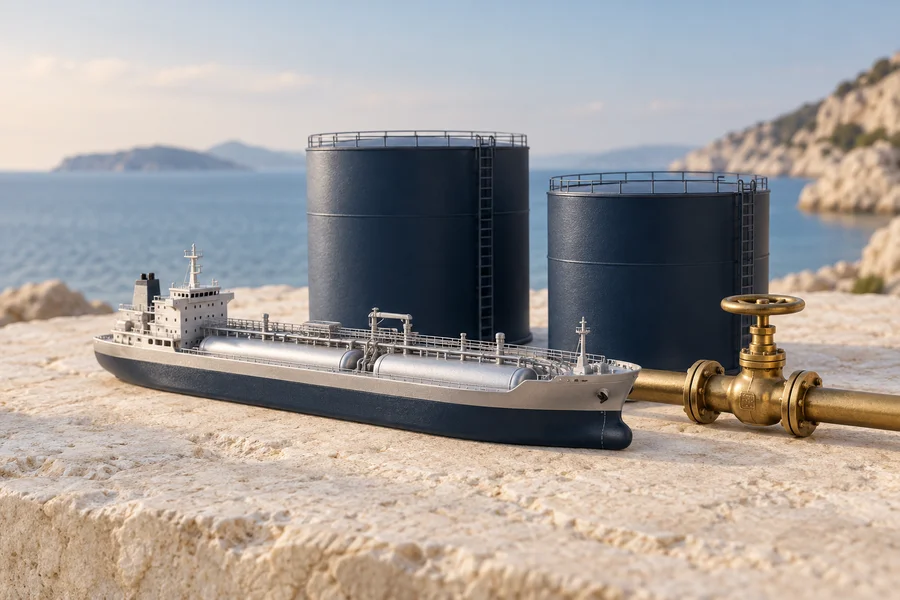 A model tanker, two navy storage tanks and a brass valve on pale stone beside a coastal background.