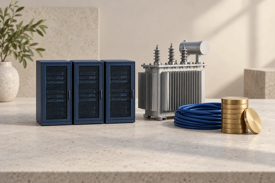 Three navy server cabinet models beside a silver transformer, a coiled blue cable and stacked brass discs.