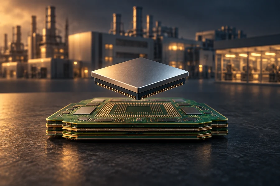 A metallic chip floats above layered green circuit boards, with a softly focused industrial building behind it.