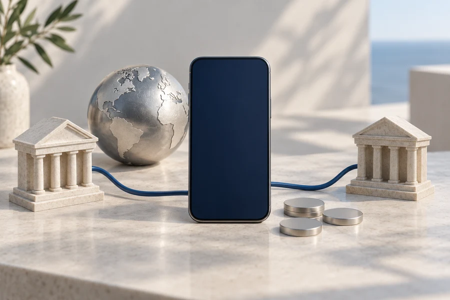 A blank-screen phone beside a silver globe, two stone bank models, blue cable and silver discs.