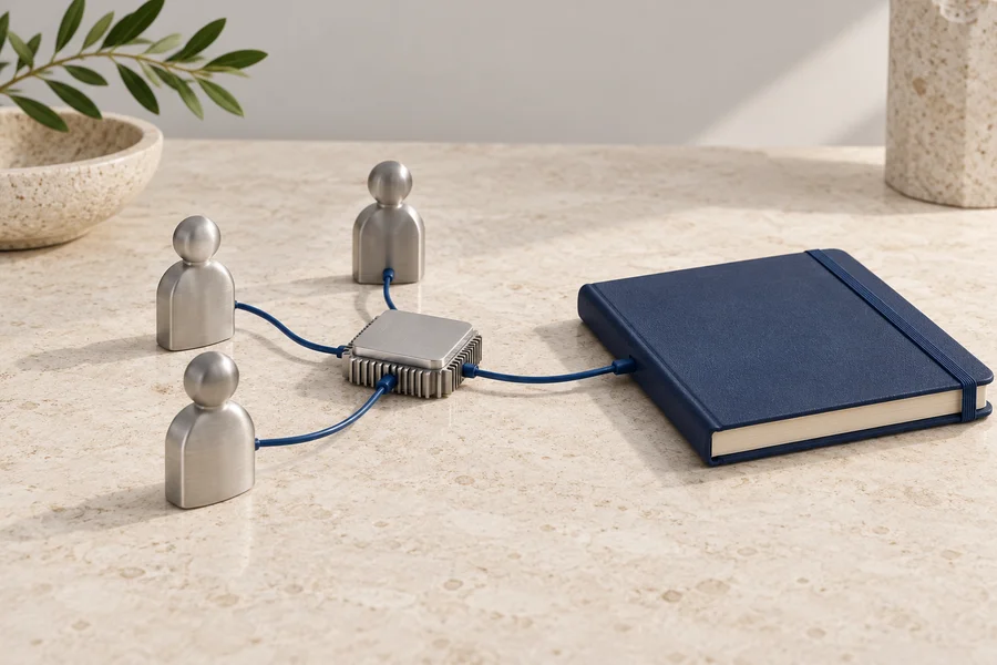 Three silver human-shaped figures connected by blue cables to a silver processor and a closed navy notebook.