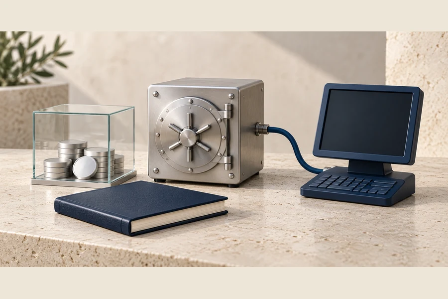 A silver vault and glass box of silver discs beside a navy book and blank trading terminal.
