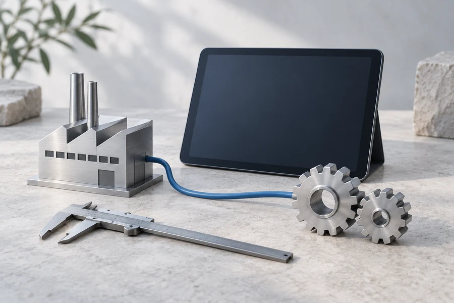 A silver factory model, navy tablet, metal caliper and gears linked by a blue cable.