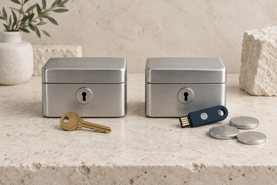 Two closed silver lockboxes beside a brass key, a dark security device and three blank silver discs.