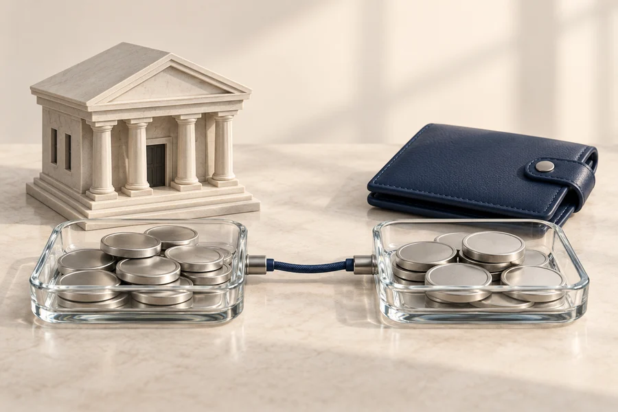 A stone bank model and navy wallet behind two glass trays of silver discs linked by a blue cable.
