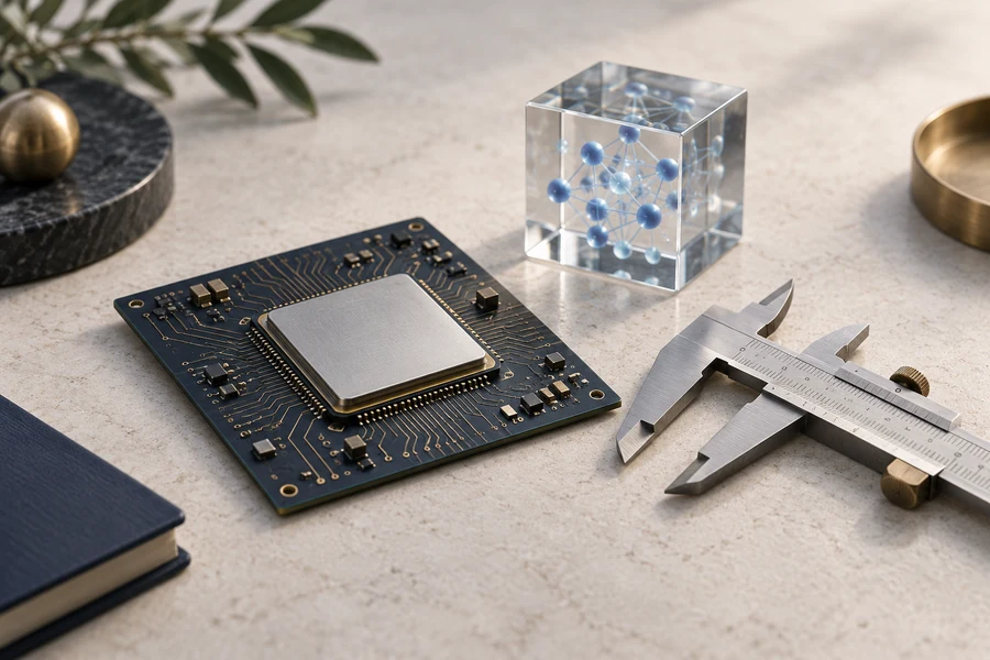 A silver chip on a dark circuit board beside a metal caliper and a glass cube containing linked blue nodes.