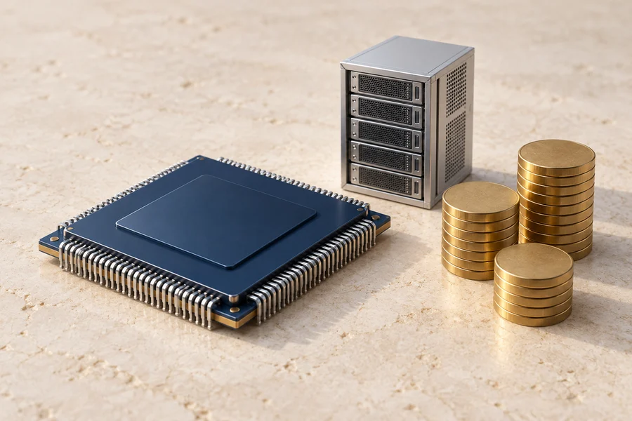 A navy processor beside a miniature silver server and three stacks of plain brass discs.