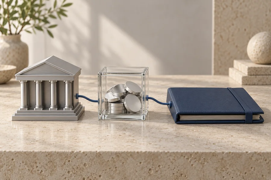 A silver bank model, glass cube of plain silver discs and closed navy folder connected by a blue cable.