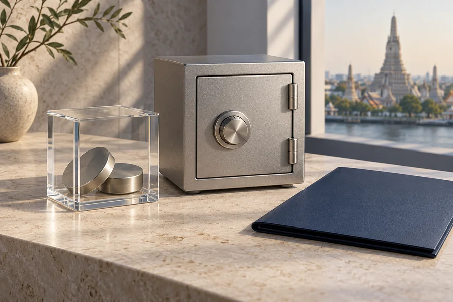Two metallic discs in a glass cube beside a silver safe and navy folder, with a temple visible through a window.