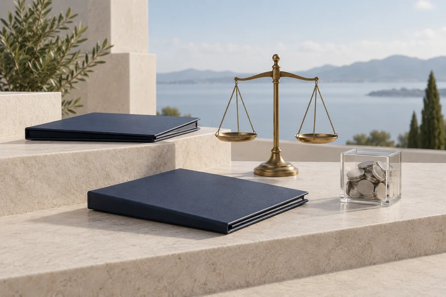 Two closed navy folders on stone steps beside a brass balance scale and a glass cube holding silver discs.