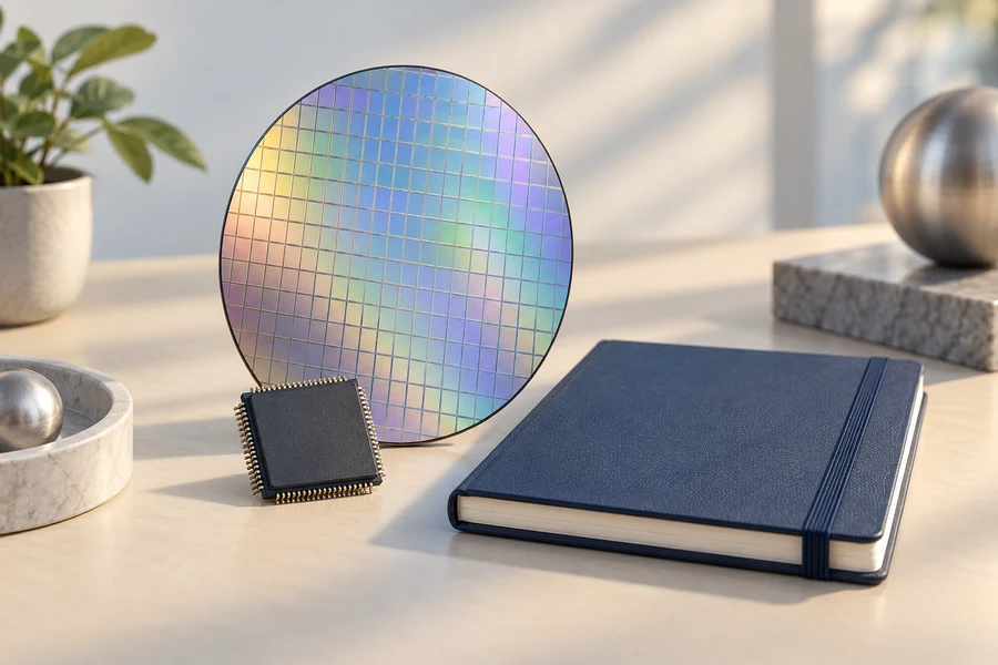 A silicon wafer behind a dark microchip and a closed navy notebook on a pale desk.
