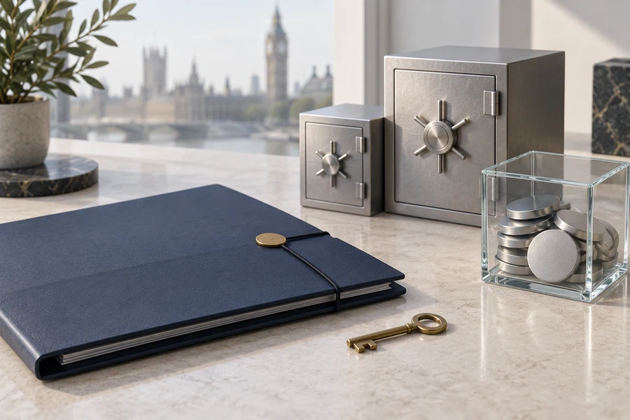 A navy folder and brass key beside two silver vault models and a glass cube containing metal discs.