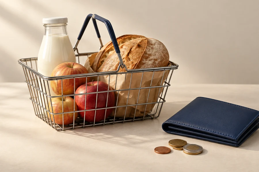 A shopping basket holding bread, apples and a milk bottle beside a closed navy wallet and coins.