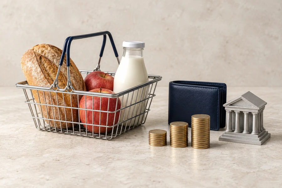 A wire basket with bread, apples and milk beside a navy wallet, brass coins and a silver bank model.
