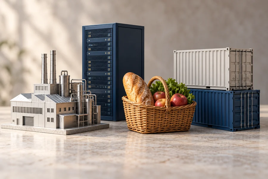 Eine silberne Fabrik, ein dunkelblauer Serverschrank, ein Lebensmittelkorb und zwei Container auf hellem Stein.