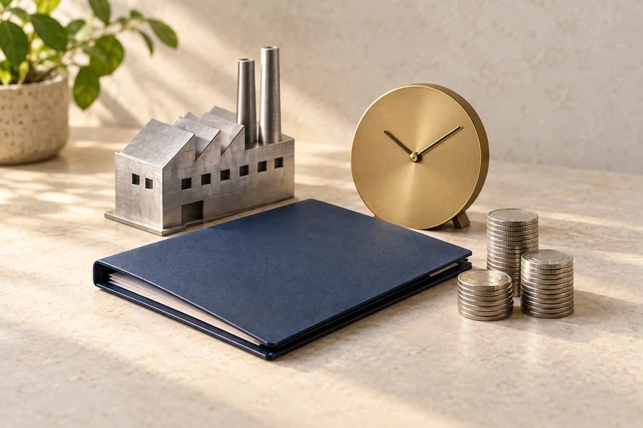 A silver model factory, a closed navy folder, a brass clock without numerals and three stacks of coins on a stone desk.