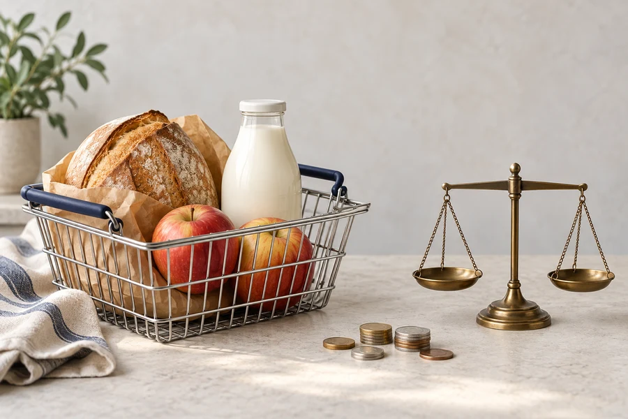 A grocery basket with bread, apples and milk beside coins and a small brass balance scale.