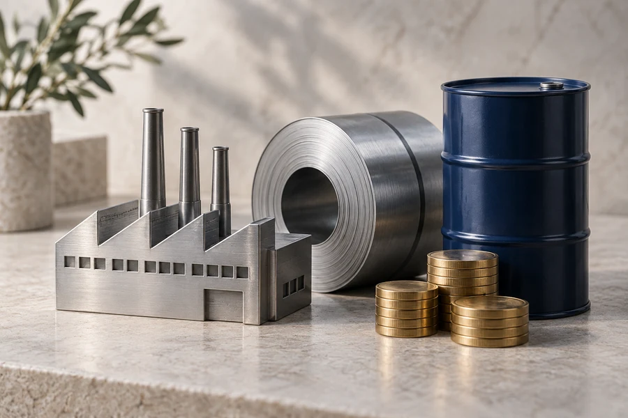 A silver factory model and steel coil beside a navy fuel barrel and stacks of brass discs.