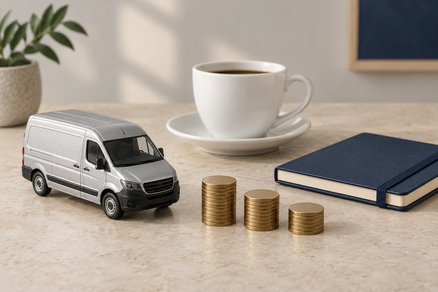 A silver delivery van model beside a coffee cup, a navy notebook and three stacks of brass discs.
