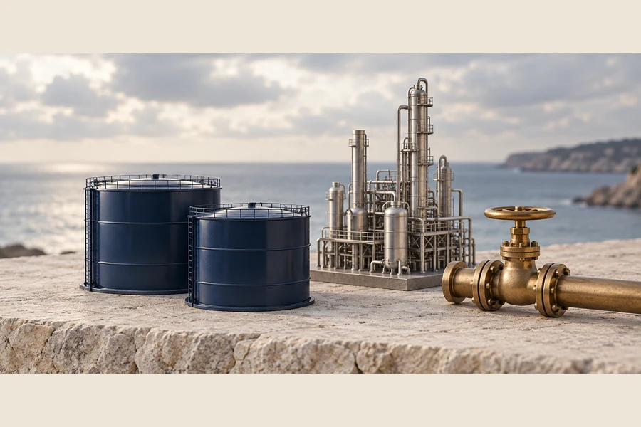 Two navy model storage tanks beside a silver refinery model and a brass valve on pale stone, with a coast behind.