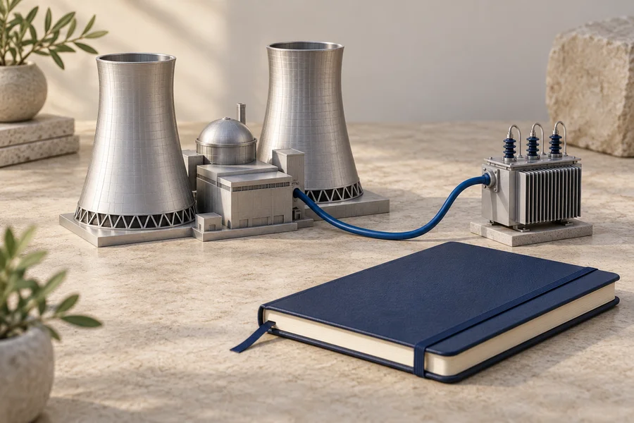 A model nuclear power plant connected to a transformer by a blue cable beside a notebook.