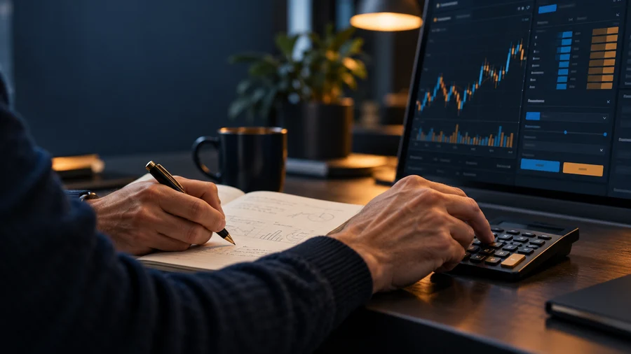 Trader comparing order costs with a calculator and notebook
