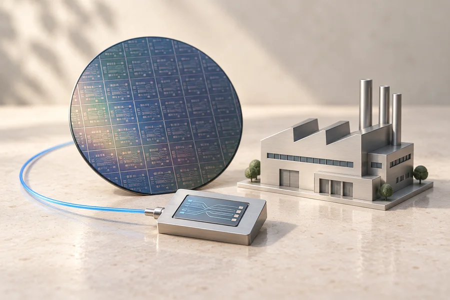 A patterned wafer, a silver optical chip with a blue fibre and a silver factory model on a stone tabletop.